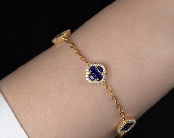 Pulsera de zafiro cultivado en laboratorio y diamantes de oro de 14 quilates, joyería HRD - IGI con certificación de joyería y trébol de 5 motivos.