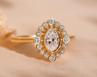 Anillo de diamantes cultivados en laboratorio certificado, anillo de compromiso ovalado vintage con diamante cultivado en laboratorio, anillo de boda solitario, regalo de anillo para el primer aniversario para mujer