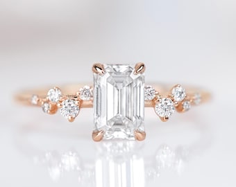 Anillo de compromiso vintage con diamante cultivado en laboratorio, anillo solitario con diamante talla esmeralda, anillo de propuesta de matrimonio con diamante genuino creado en laboratorio, anillo de aniversario