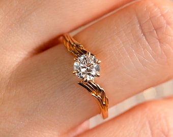 Anillo de compromiso inspirado en alas de ángel, anillo de boda vintage con diamante cultivado en laboratorio de talla redonda, anillo de promesa certificado por IGI con diseño de ala de ángel guardián