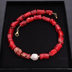 Handmade Red Coral Necklace with Baroque Pearl | 52cm Natural Coral & Gold Hematite Beaded Necklace | Statement Artisan Jewelry