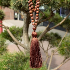 Hand-Knotted Sesame Jasper Mala Necklace – 108 or 109 Beads, Reddish Brown & Gray Stone, Yoga Meditation Jewelry, Tassel Mala, Custom Gift