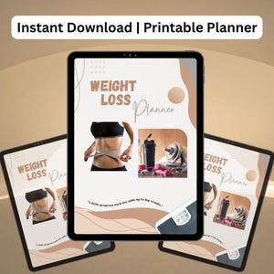 May include: A digital weight loss planner displayed on three tablets. The main tablet shows a woman measuring her waist, along with images of a water bottle, dumbbells, and a scale. The text "Weight Loss Planner" is visible.