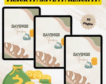 Puede incluir: Tres tabletas digitales que muestran "Savings Trackers" con un diseño beige y verde. Las tabletas están dispuestas con una pila de monedas y una bolsa de dinero. El texto "TRACK IT. SAVE IT. REACH IT." está en la parte superior.