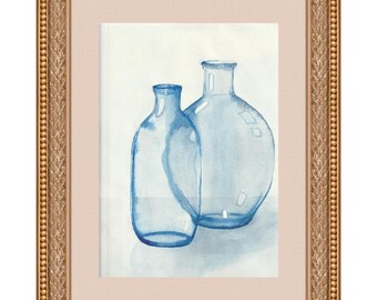 Original Watercolor Painting: Blue Glass Bottles Still Life, Minimalist Art