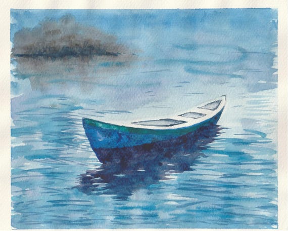 孤独な青いボートの水彩画 | 静かな湖の風景のオリジナル絵画 