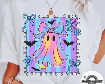 Fantasma iridiscente de coqueta preppy, fantasma lindo de Boo, diseño de Boo de Halloween, camiseta de Halloween, Halloween femenino, calabaza fantasma,