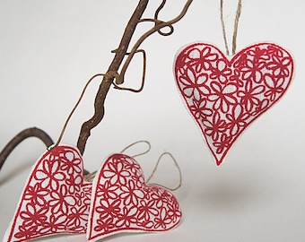 ON SALE Red Heart Ornament Lavender  Christmas Gift Idea Hand Printed Organic Linen Ready To Ship