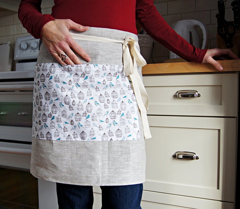 Organic Linen Apron Half Apron Bird Cotton Pocket Design Natural Linen Ready To Ship