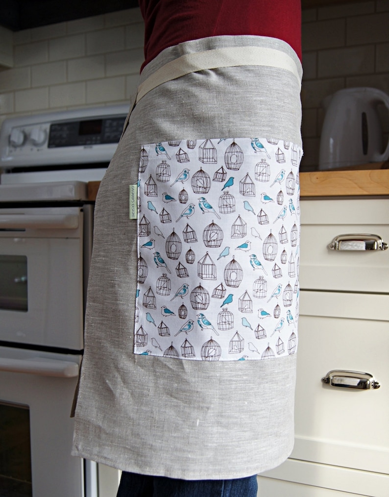 Organic Linen Apron Half Apron Bird Cotton Pocket Design Natural Linen Ready To Ship