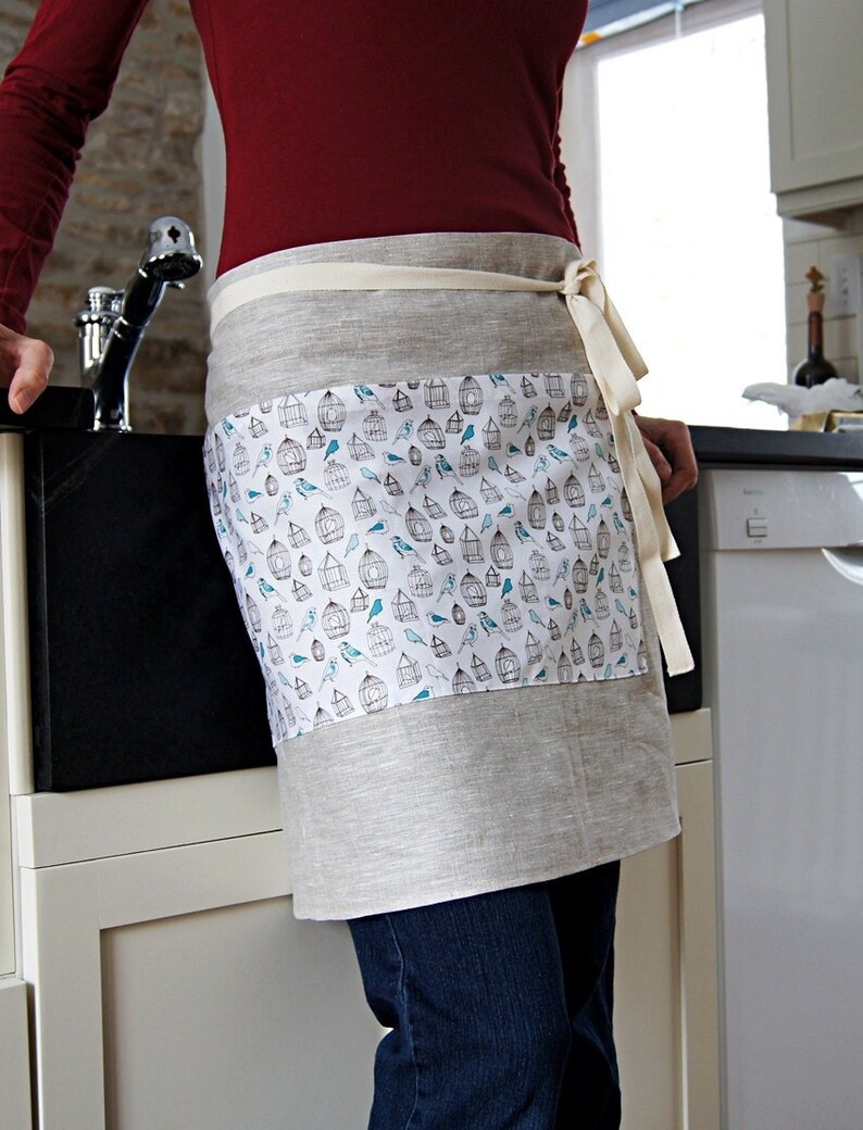 Organic Linen Apron Half Apron Bird Cotton Pocket Design Natural Linen Ready To Ship