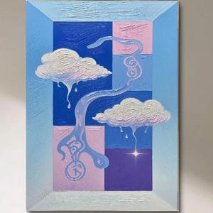 Pastel Abstract Oil Art Clouds Flowing Lines & Geometric Blocks Unique Wall Decor for Dreamy Contemporary Interiors Geometric Frame Art