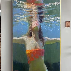 Swimming girl painting diving oil painting diving wall art blue abstract art diving in oceanSensual Woman Swimming Handmade Canvas wall art