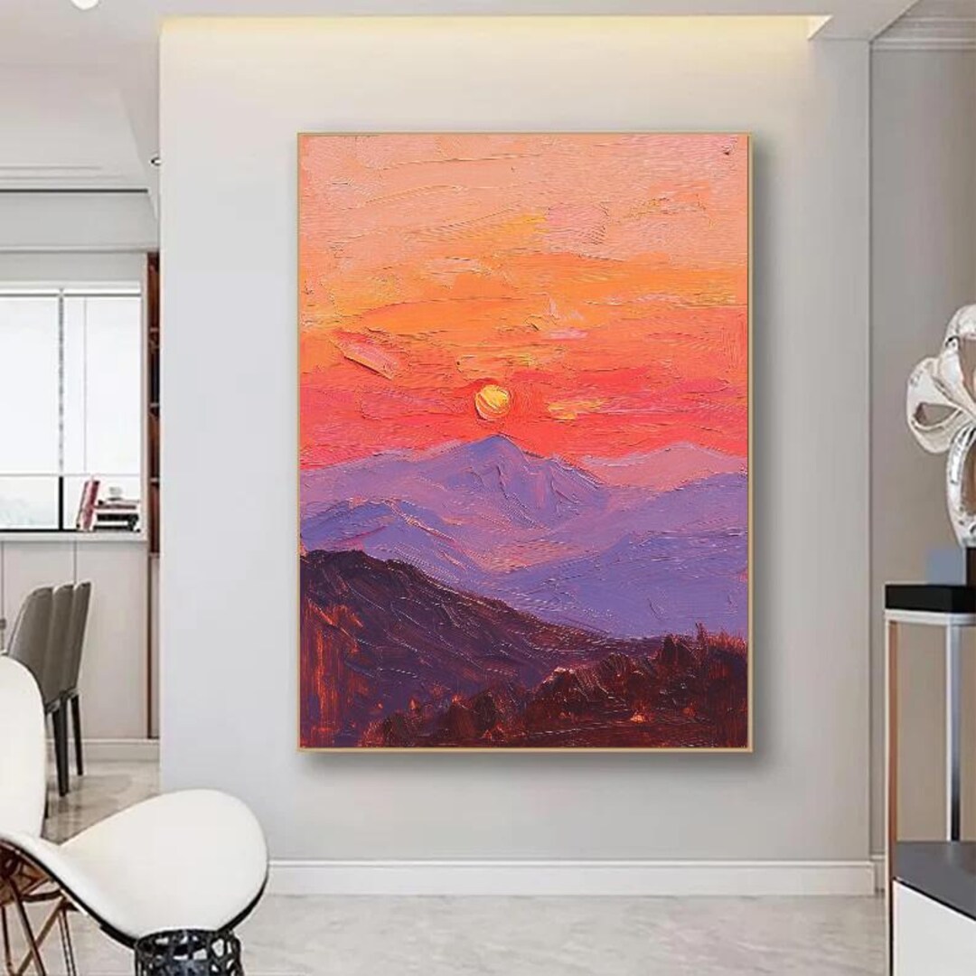 Impasto Sunset Mountain Oil Painting Textured Sunset Over Mountains Art ...