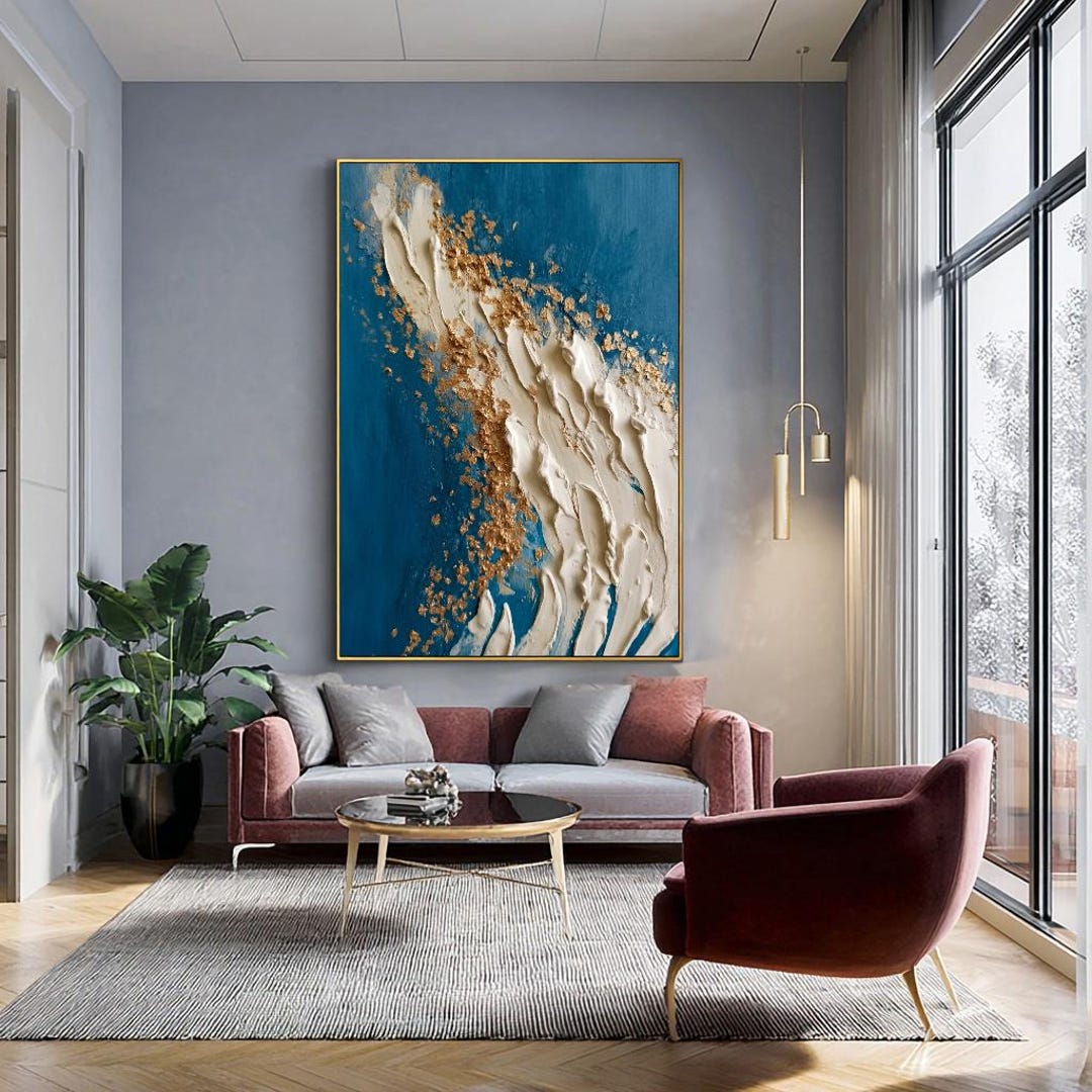 Modern Blue and Gold Abstract Art Thick Paint Texture Canvas Wall Decor ...
