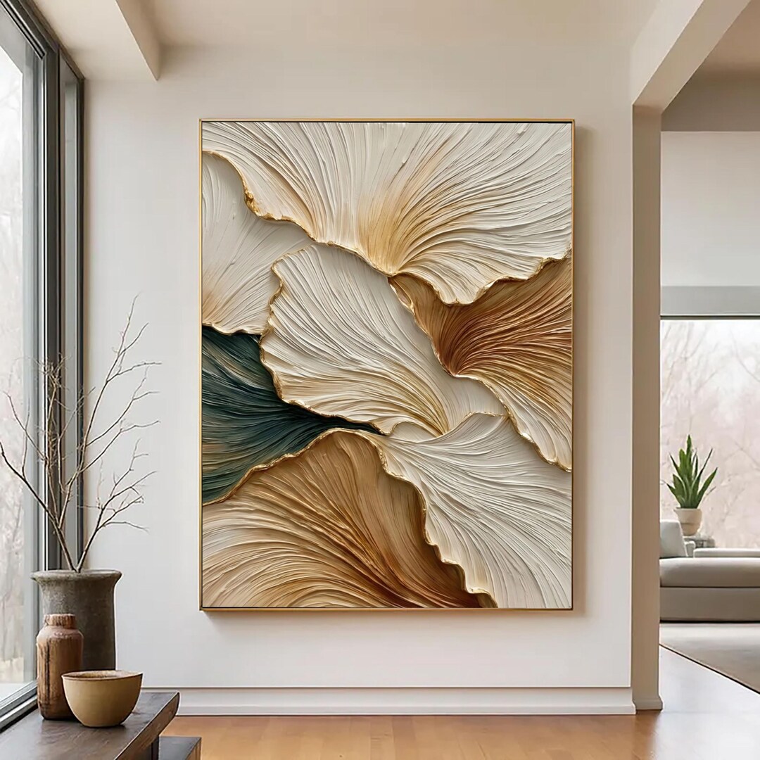 3D Textured Wall Art Neutral Ginkgo Leaf Painting Beige Brown & Gold ...