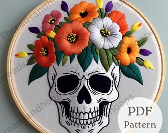 Patrón de bordado de jarrón con calavera de Halloween / Ramo floral espeluznante (Patrón en PDF)