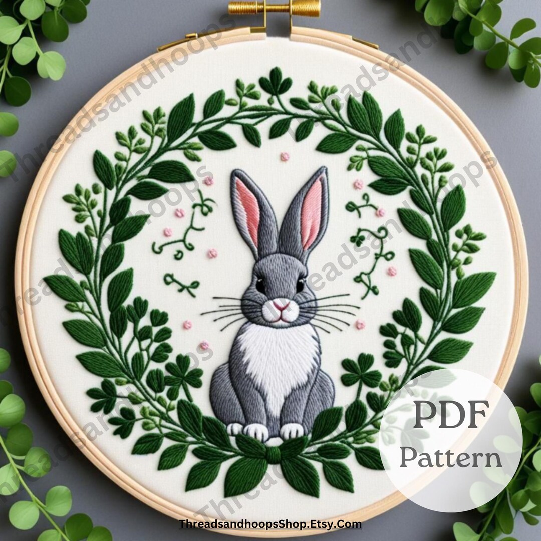 Rabbit Embroidery Pattern: Bunny & Leaves Wreath (PDF Pattern, 3-8 ...