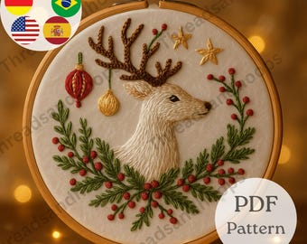 Patrón de bordado de ciervo navideño / Corona navideña (Patrón PDF)