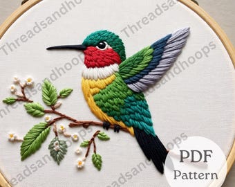 Motif floral de broderie à la main Colibri PDF Oiseau rose et