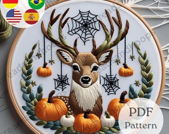Deer and Pumpkins Halloween Embroidery Pattern | Woodland Hoop Art (PDF Pattern)