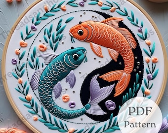 Koi Fish Yin Yang Embroidery Pattern: Beginner Friendly Hoop Art (PDF Download