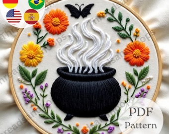 Schema di ricamo con calderone floreale / Arte botanica con cerchio di strega (PDF)