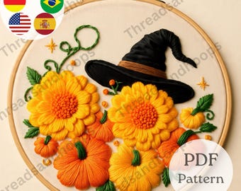 Witch Hat and Pumpkin Embroidery Pattern | Halloween Floral Hoop Art (PDF Download)