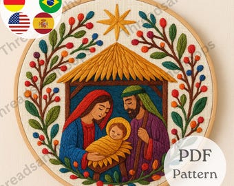 Nativity Scene Hand Embroidery PDF Pattern – Christmas Manger Modern Hoop Art, Beginner Friendly Holy Family, Instant Digital Download