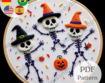 Dancing Skeletons Embroidery Pattern | Witch Hat Halloween Hoop Art (PDF Pattern)