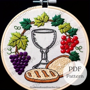 Communion Embroidery Pattern: Bread, Wine & Grapes Design (PDF Downloadable