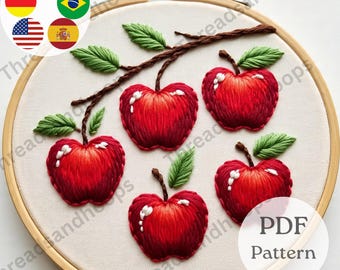 Red Apple Tree Hand Embroidery Pattern | Modern Fruit Hoop Art (PDF Pattern)