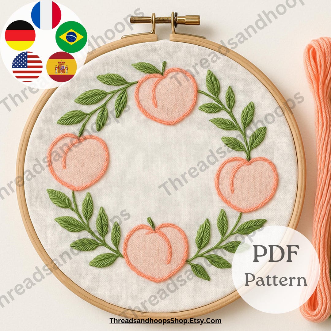 Peach Wreath Hand Embroidery Pattern – Beginner Fruit Hoop Art (PDF ...