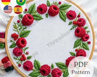 Raspberry Wreath Embroidery Pattern – Summer Fruit Hoop Art (PDF Pattern)