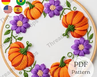 Pumpkin & Purple Flower Wreath Embroidery Pattern | Fall Decor (PDF Pattern)