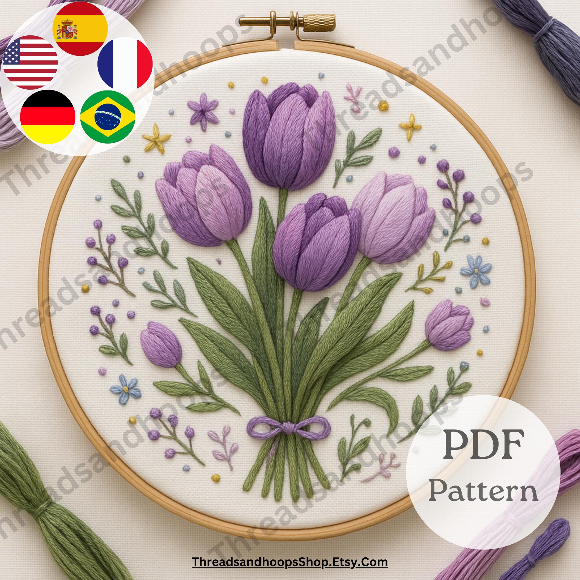 Lavender Tulip Embroidery Pattern – Floral Bouquet Hoop Art (PDF ...
