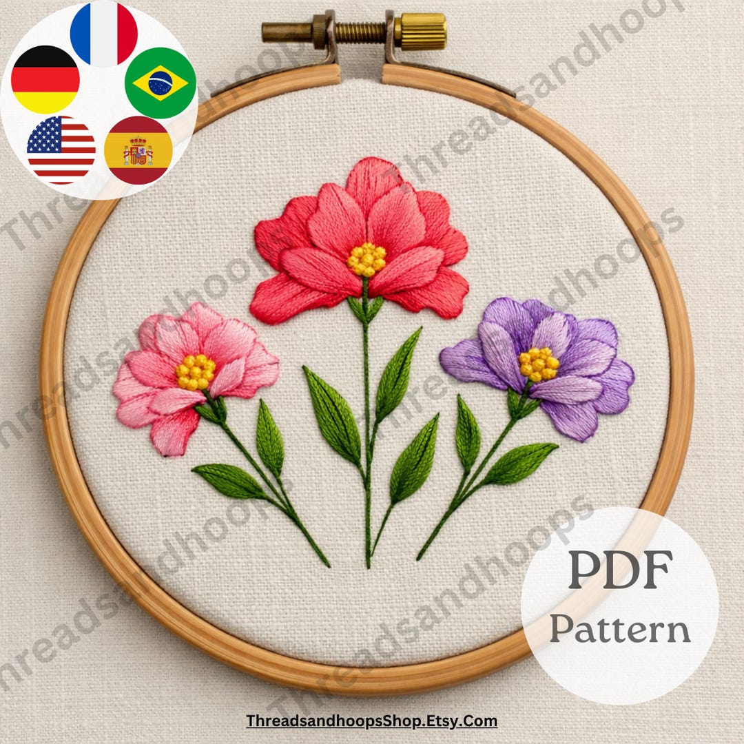 Floral Hand Embroidery Pattern PDF – 3 Flower Design, Beginner Friendly ...