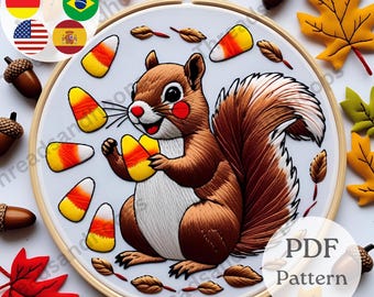 Squirrel Candy Corn Embroidery Pattern | Autumn Hoop Art (PDF Pattern)