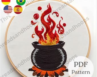 Witch Cauldron Embroidery Pattern | Halloween Hoop Art (PDF Download)