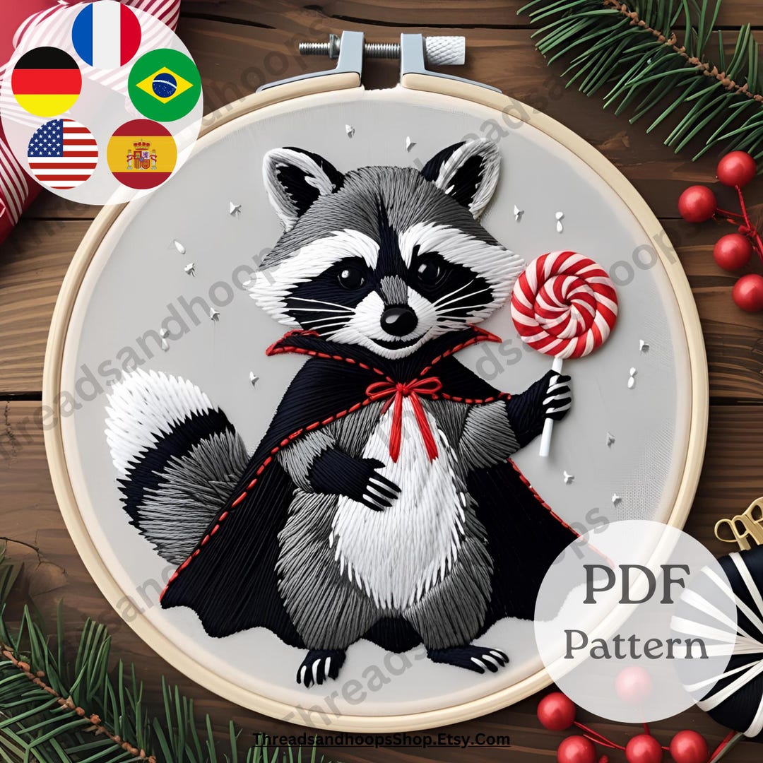 Raccoon Vampire Embroidery Pattern PDF | Halloween Animal Hand ...