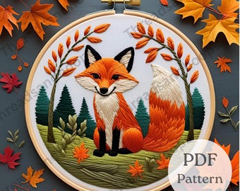 Whimsical Fox Embroidery Hoop Art: Autumn Forest Wall Decor (Digital Pattern