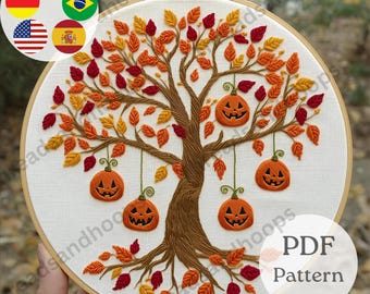 Autumn Pumpkin Tree Embroidery Pattern | Halloween Hoop Art (PDF Pattern)