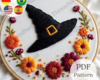 Witch Hat Floral Embroidery Pattern – Halloween Hoop Art (Beginner PDF)
