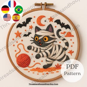 Schema per ricamo di Halloween con mummia e gatto / Pipistrelli e stelle (schema PDF)
