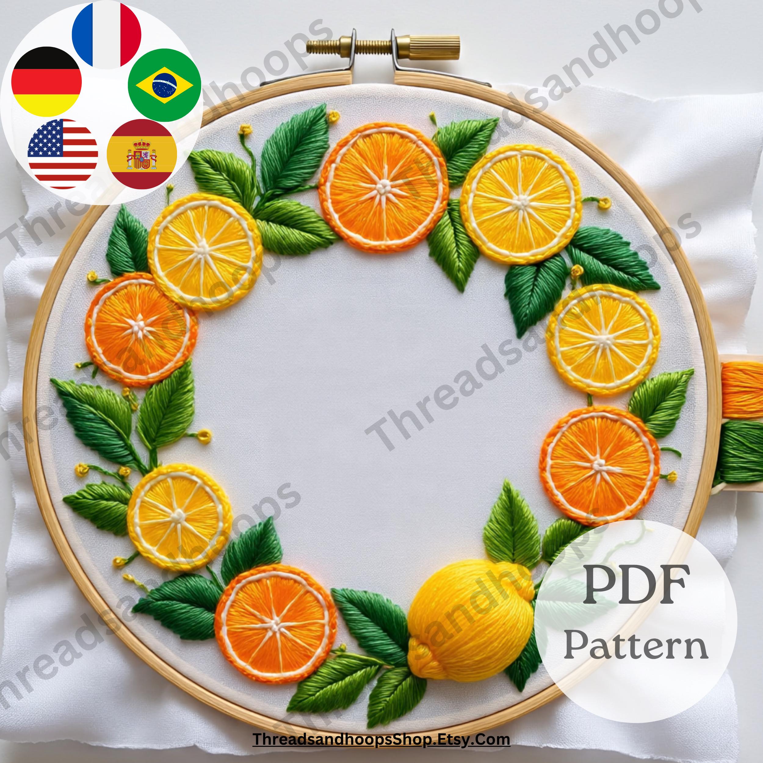 Citrus Wreath Hand Embroidery Pattern | Modern Fruit Hoop Art (PDF