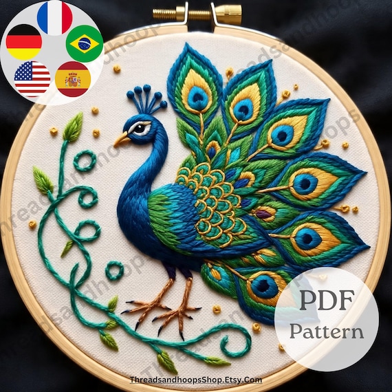 雄大な孔雀の刺繍パターン｜モダンなハンドステッチアート（PDF