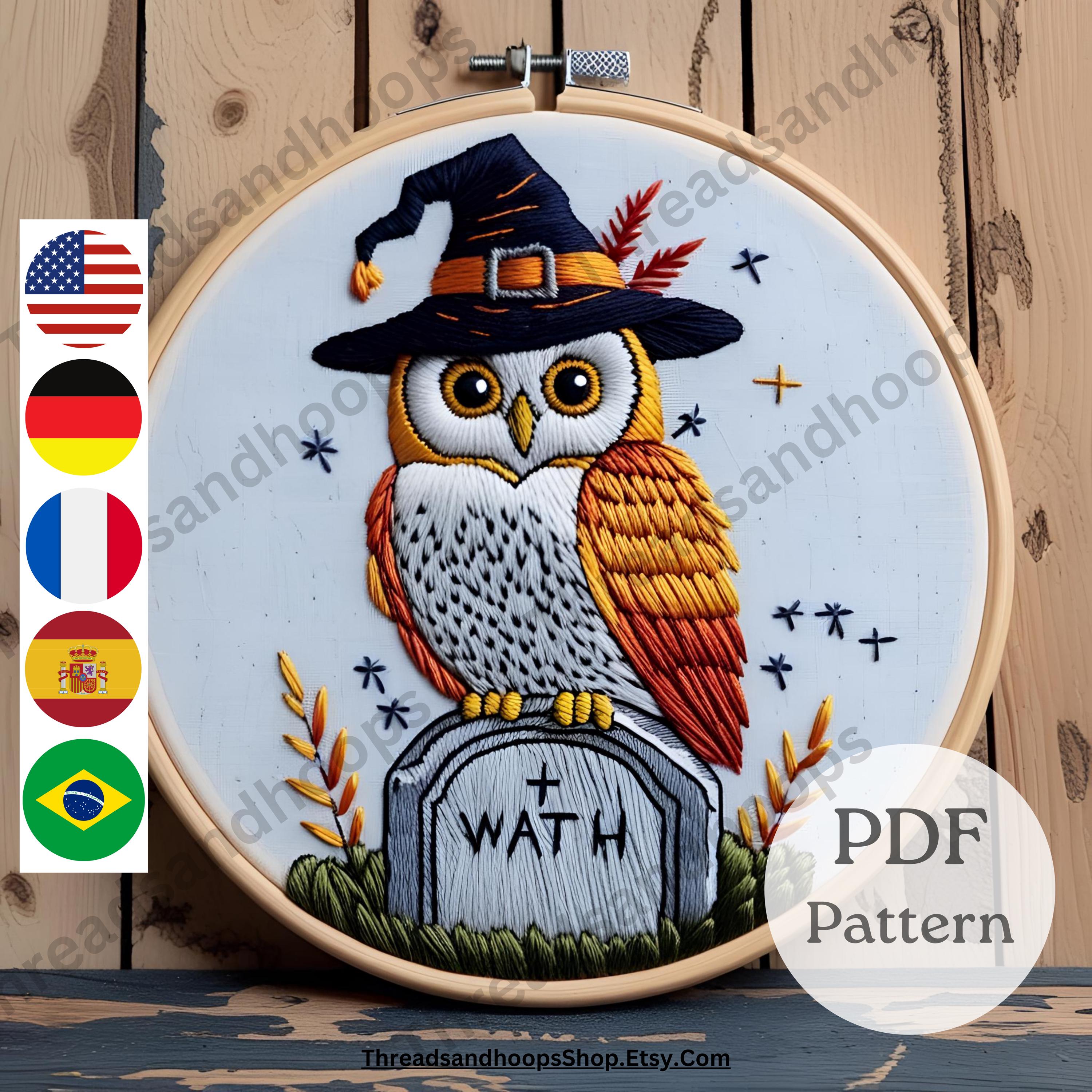 Halloween Owl Embroidery Pattern | Witch Hat Owl Sitting on Tombstone | Spooky Hand Embroidery PDF P