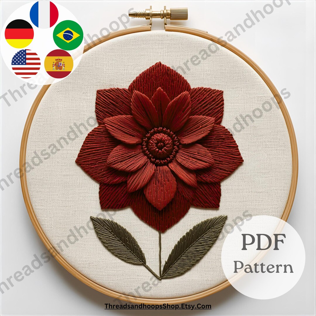 Red Flower Embroidery Pattern PDF | Modern Geometric Floral Hoop Art - Etsy