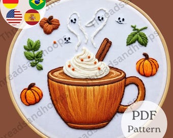 Halloween Tea Cup Embroidery Pattern | Ghosts, Pumpkins, Autumn Leaves (PDF)