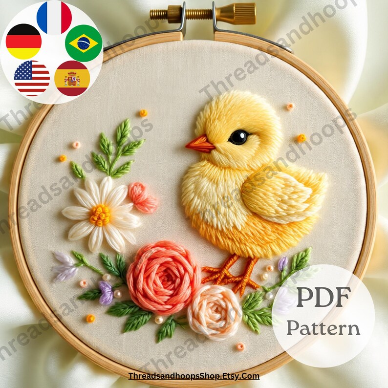Chick and Flowers Embroidery Pattern – Beginner Floral Hoop Art (PDF ...
